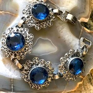 Vintage MCM Floral Silver Tone Metal Blue Czech Large Glass Rhinestone Bracelet